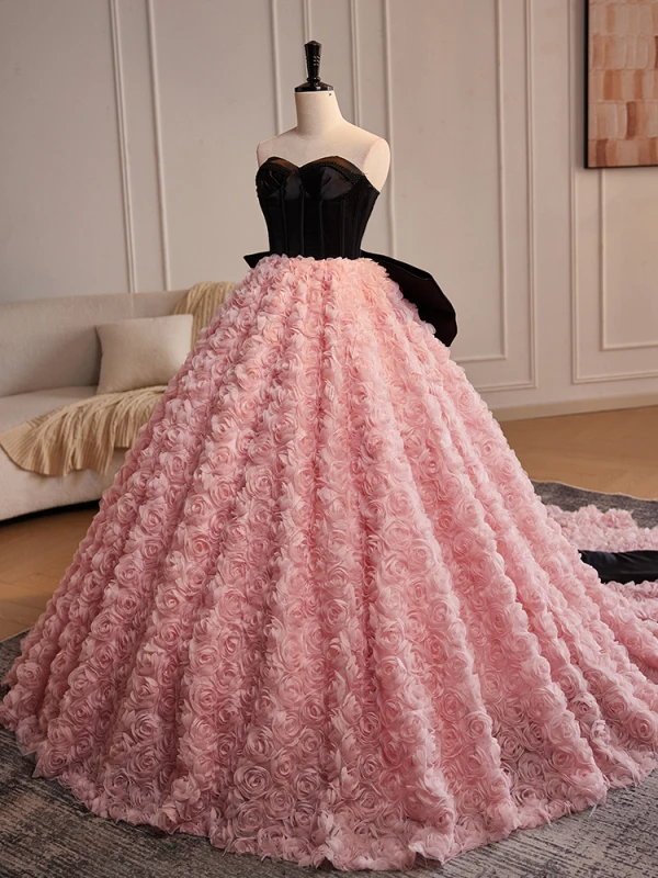 Lovely Blushing Pink Flower Prom Dresses 2024 Ball Gown Strapless Sleeveless Backless Bow Court Train Prom Formal Dresses