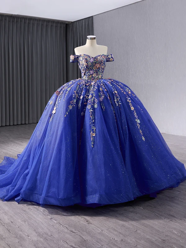 Vintage / Retro High-end Royal Blue Lace Flower Quinceañera Prom Dresses 2024 Ball Gown Off-The-Shoulder Sleeveless Backless Court Train Prom Formal Dresses