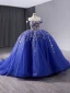 Vintage / Retro High-end Royal Blue Lace Flower Quinceañera Prom Dresses 2024 Ball Gown Off-The-Shoulder Sleeveless Backless Court Train Prom Formal Dresses