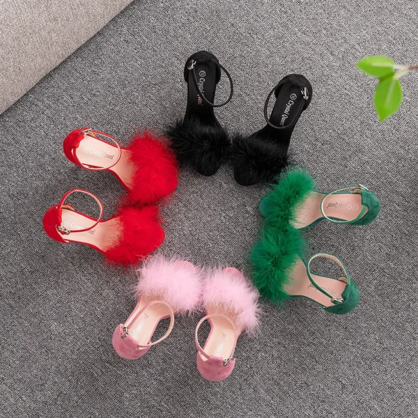 Sexy Noire Soirée Plumes Sandales Femme 2023 11 cm Talons Aiguilles Peep Toes / Bout Ouvert Sandales Talons Hauts