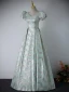 Fashion Mint Green Prom Dresses 2024 A-Line / Princess V-Neck Puffy Short Sleeve Backless Bow Floor-Length / Long Prom Formal Dresses