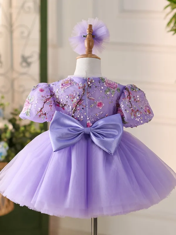 Chic / Belle Lavande Perlage Paillettes En Dentelle Fleur Courte Anniversaire Robe Ceremonie Fille Robe Boule 2024 Encolure Dégagée Noeud Manches Courtes