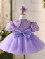 Chic / Belle Lavande Perlage Paillettes En Dentelle Fleur Courte Anniversaire Robe Ceremonie Fille Robe Boule 2024 Encolure Dégagée Noeud Manches Courtes