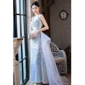 Sparkly Sky Blue Multi Colors Sequins Evening Dresses 2022 Trumpet Mermaid Square Neckline Sleeveless Backless Sweep Train Evening Party Formal Dresses