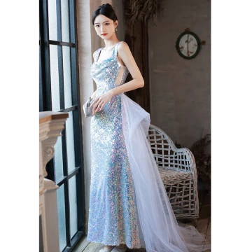 Sparkly Sky Blue Multi Colors Sequins Evening Dresses 2022 Trumpet Mermaid Square Neckline Sleeveless Backless Sweep Train Evening Party Formal Dresses