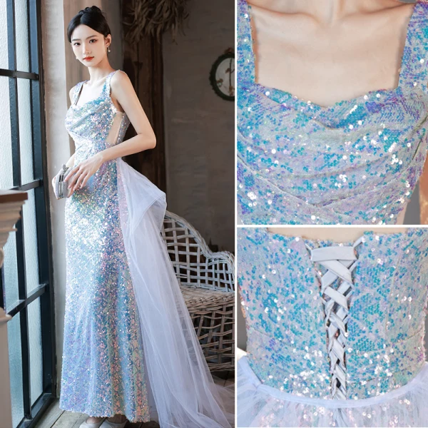 Scintillantes Bleu Ciel Multi-Couleurs Paillettes Robe De Soirée 2022 Trompette / Sirène Encolure Carrée Sans Manches Dos Nu Train De Balayage Soirée Robe De Ceremonie