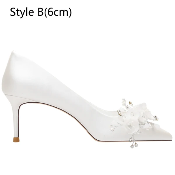 Elegant White Satin Appliques Rhinestone Wedding Shoes 2024 8 cm Stiletto Heels Pointed Toe Wedding Pumps High Heels
