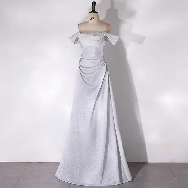 Sexy Grey Prom Dresses 2024 Trumpet / Mermaid Off-The-Shoulder Sleeveless Backless Floor-Length / Long Prom Formal Dresses