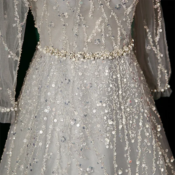 Scintillantes Gris Robe De Soirée 2023 Princesse Encolure Carrée Perlage Perle Paillettes 3/4 Manches Longue Soirée Robe De Ceremonie