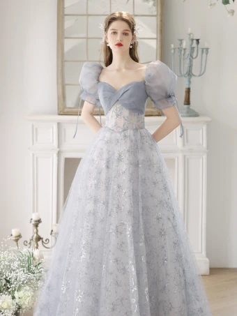 Chic Belle Bleu Ciel Paillettes Robe De Bal 2024 Princesse Encolure Carrée Gonflée Manches Courtes Dos Nu Longue Promo Robe De Ceremonie