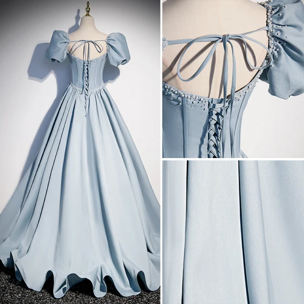 Elegante Himmelblau Perle Satin Ballkleider 2022 A Linie Eckiger Ausschnitt Geschwollenes Kurze Ärmel Rückenfreies Schleife Lange Ball Festliche Kleider