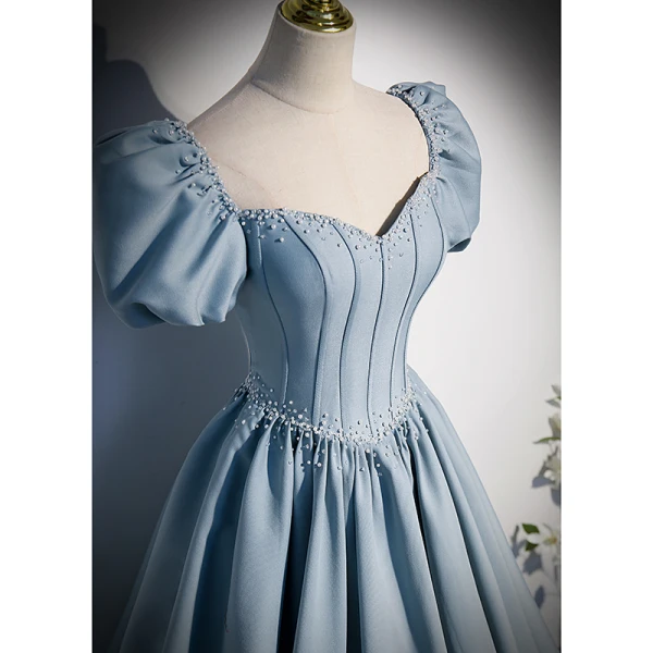 Elegante Himmelblau Perle Satin Ballkleider 2022 A Linie Eckiger Ausschnitt Geschwollenes Kurze Ärmel Rückenfreies Schleife Lange Ball Festliche Kleider