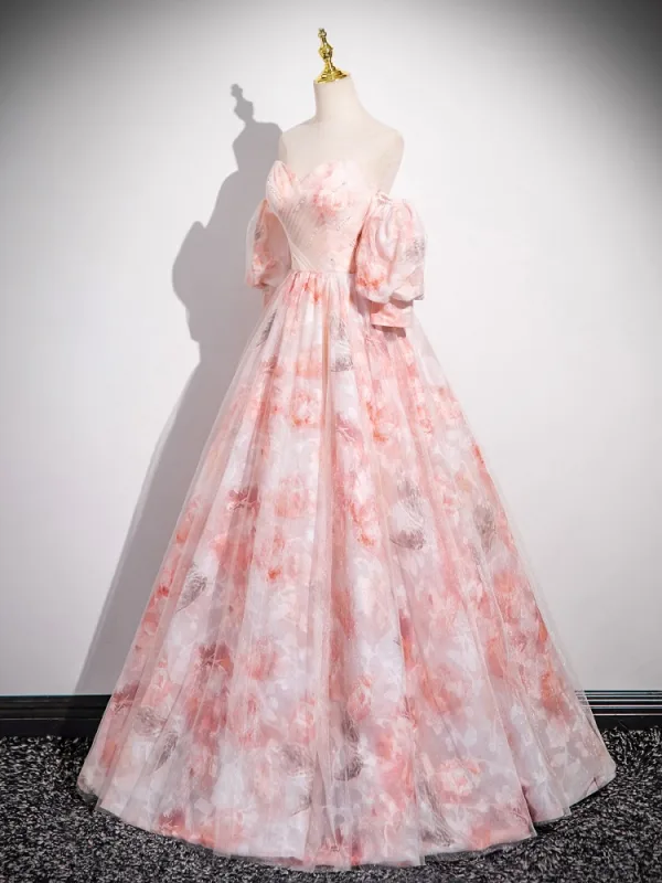 Chic / Beautiful Blushing Pink Printing Prom Dresses 2025 A-Line / Princess Strapless Short Sleeve Backless Floor-Length / Long Prom Formal Dresses