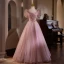 Chic / Beautiful Sky Blue Beading Pearl Appliques Prom Dresses 2024 Ball Gown Scoop Neck Puffy Short Sleeve Backless Floor-Length / Long Prom Formal Dresses