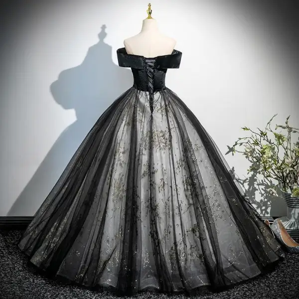 Elegant Black Appliques Sequins Prom Dresses 2025 Ball Gown Off-The-Shoulder Sleeveless Backless Floor-Length / Long Prom Formal Dresses
