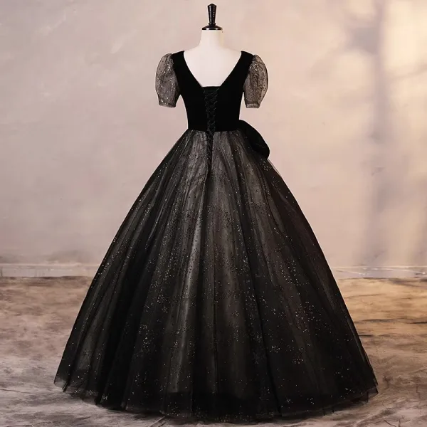 Chic / Beautiful Black Beading Sequins Prom Dresses 2023 Ball Gown V-Neck Bow Short Sleeve Backless Floor-Length / Long Prom Formal Dresses