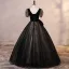 Chic / Beautiful Black Beading Sequins Prom Dresses 2023 Ball Gown V-Neck Bow Short Sleeve Backless Floor-Length / Long Prom Formal Dresses