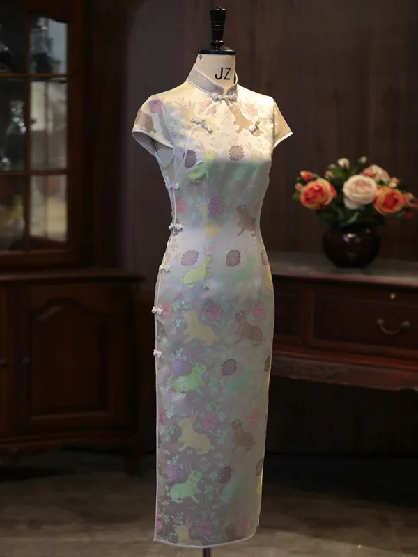 Vintage Silber Drucken Gespaltete Front Wadenlang Cheongsam 2026 Meerjungfrau Stehkragen Ärmel