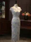 Vintage Silber Drucken Gespaltete Front Wadenlang Cheongsam 2026 Meerjungfrau Stehkragen Ärmel