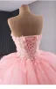 High-end Herlig Rødmende Rosa Gripende Ruffles Perle Appliques Brudekjoler 2024 Ballkjole Kjæreste Uten Ermer Ryggløse Domstol Tog Ball