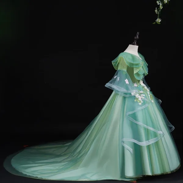 Chic / Beautiful Sage Green Appliques Lace Flower Pearl Cascading Ruffles Birthday Flower Girl Dresses 2024 Ball Gown V-Neck Short Sleeve Court Train