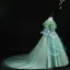 Chic / Beautiful Sage Green Appliques Lace Flower Pearl Cascading Ruffles Birthday Flower Girl Dresses 2024 Ball Gown V-Neck Short Sleeve Court Train