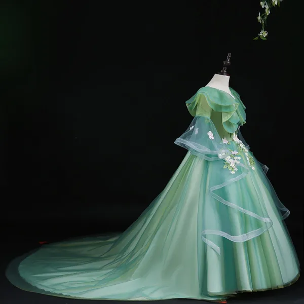 Flower Fairy Sage Green Appliques Lace Flower Birthday Flower Girl Dresses 2024 Ball Gown V-Neck Bell sleeves Court Train Flower Girl Dresses