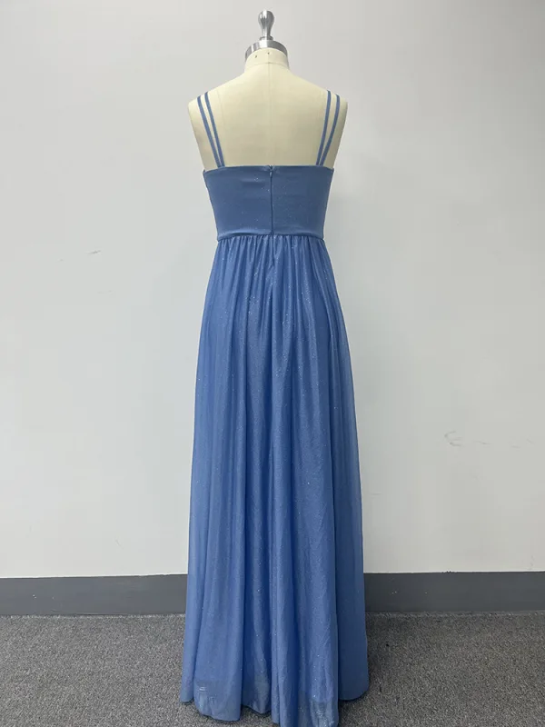 Modest / Simple Sky Blue Prom Dresses 2024 A-Line / Princess Spaghetti Straps Sleeveless Backless Floor-Length / Long Prom Formal Dresses