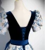 Chic / Beautiful Navy Blue Printing Prom Dresses 2024 A-Line / Princess V-Neck Short Sleeve Bow Sash Backless Floor-Length / Long Prom Formal Dresses