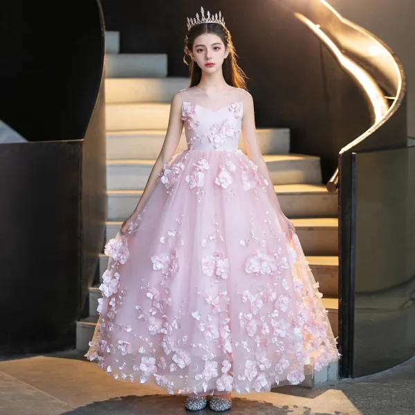 Lovely Blushing Pink Appliques Birthday Flower Girl Dresses 2025 Ball Gown Scoop Neck Sleeveless Floor-Length / Long