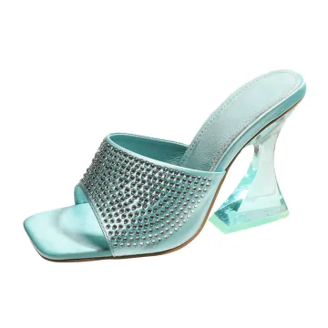 Transparent Mint Green Street Wear Rhinestone Womens Sandals 2022 9 Cm Stiletto Heels Crystal High Heels Open Peep Toe Sandals