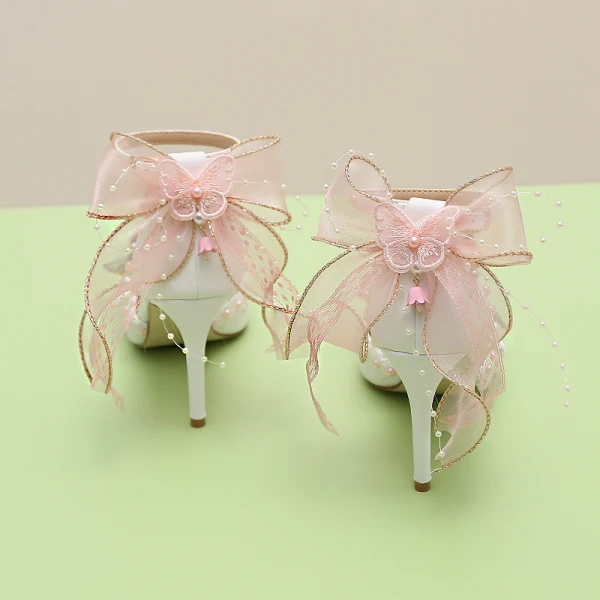 Lovely White Pearl Appliques Bow Prom Womens Sandals 2024 Ankle Strap 9 cm Stiletto Heels Pointed Toe Womens Shoes High Heels