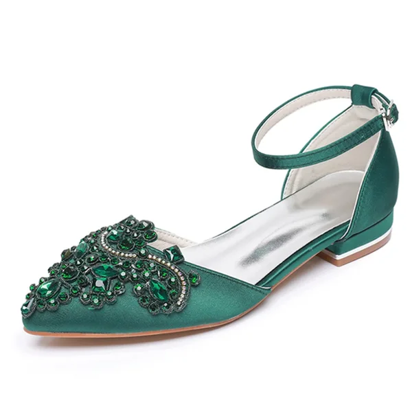 Chic / Beautiful Dark Green Rhinestone Prom Flat Womens Shoes Womens Sandals 2024 Ankle Strap Pointed Toe Sandals