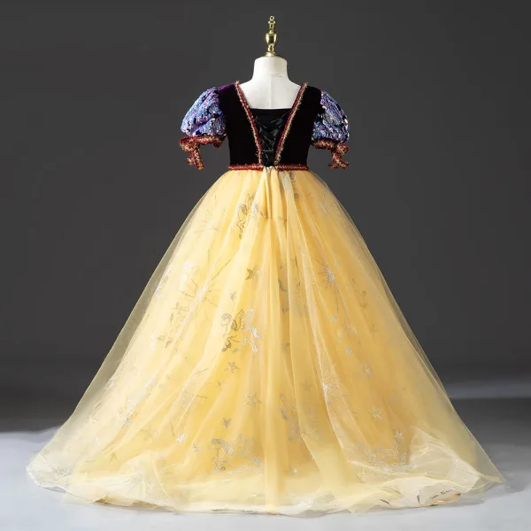 Chic / Beautiful Yellow Lace Sequins Flower Girl Dresses 2022 Ball Gown Square Neckline Short Sleeve Backless Floor-Length / Long Prom Flower Girl Dresses
