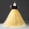 Chic / Beautiful Yellow Lace Sequins Flower Girl Dresses 2022 Ball Gown Square Neckline Short Sleeve Backless Floor-Length / Long Prom Flower Girl Dresses