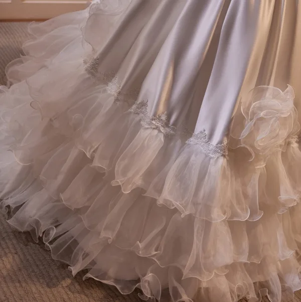 Vintage / Retro White Lace Flower Satin Cascading Ruffles Wedding Dresses 2024 Ball Gown Off-The-Shoulder Short Sleeve Backless Floor-Length / Long Wedding