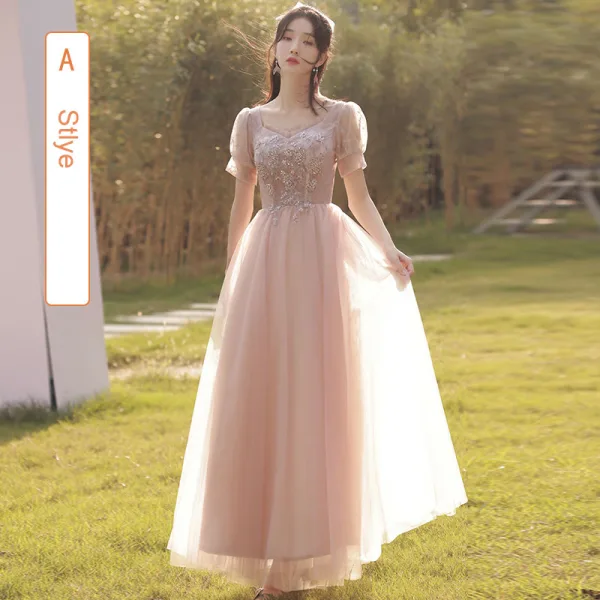 Chic / Beautiful Blushing Pink Beading Bridesmaid Dresses 2022 A-Line / Princess Short Sleeve Backless Floor-Length / Long Bridesmaid Dresses