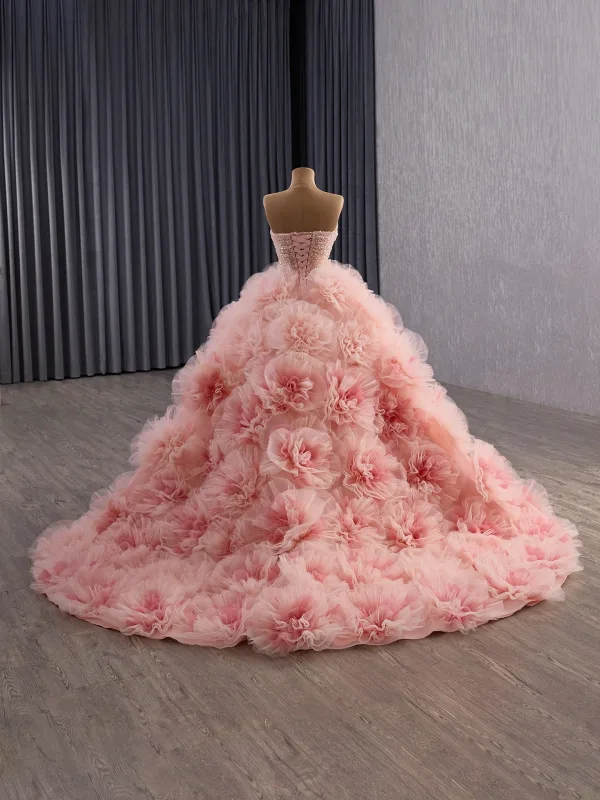 Luxury / Gorgeous Flower Fairy Blushing Pink Handmade  Beading Pearl Sequins Appliques Prom Dresses 2025 Ball Gown Strapless Sleeveless Backless Chapel Train