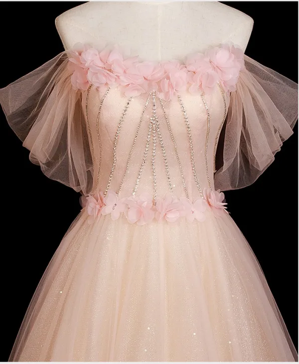 Chic / Beautiful Blushing Pink Appliques Rhinestone Prom Dresses 2025 A-Line / Princess Off-The-Shoulder Short Sleeve Backless Floor-Length / Long Formal Dresses