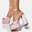 Unique Bleu Ciel Cocktail Satin Sandales Femme 2022 Bride Cheville 16 cm Talons Épais Peep Toes / Bout Ouvert Sandales Talons Hauts
