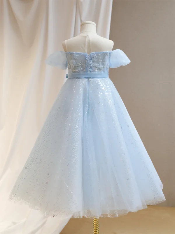 Chic / Beautiful Sky Blue Appliques Beading Pearl Sequins Birthday Flower Girl Dresses 2024 A-Line / Princess Scoop Neck Short Sleeve Tulle Floor-Length / Long