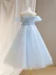 Chic / Beautiful Sky Blue Appliques Beading Pearl Sequins Birthday Flower Girl Dresses 2024 A-Line / Princess Scoop Neck Short Sleeve Tulle Floor-Length / Long