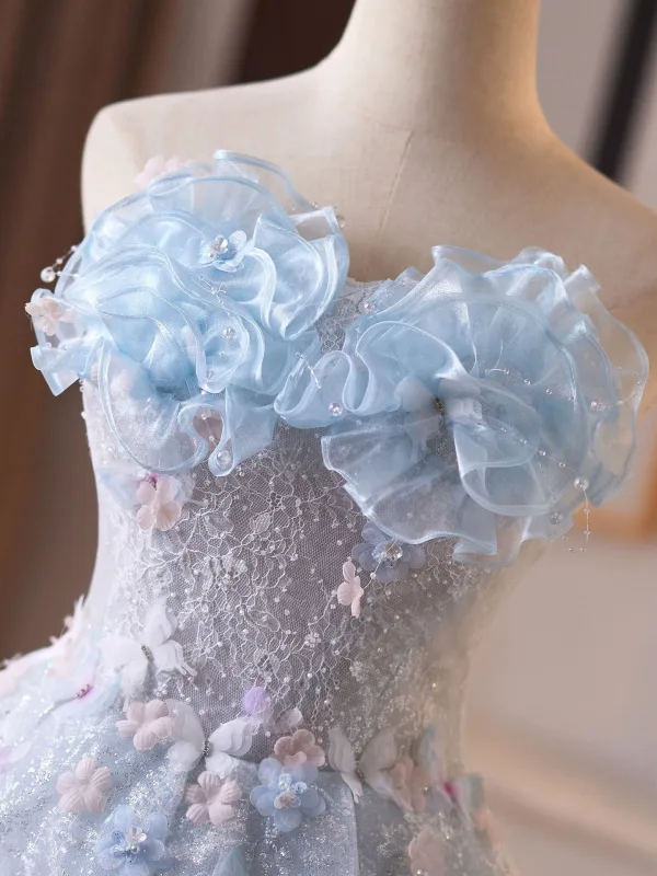 Sexy Sky Blue Beading Lace Flower Appliques Pearl Evening Dresses 2026 Trumpet / Mermaid Strapless Sleeveless Backless Floor-Length / Long Formal Dresses