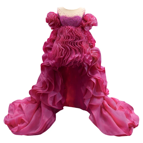 High-end Fashion Fuchsia Beading Pearl Rhinestone Sequins Cascading Ruffles Prom Dresses 2022 A-Line / Princess Asymmetrical Scoop Neck Short Sleeve Prom