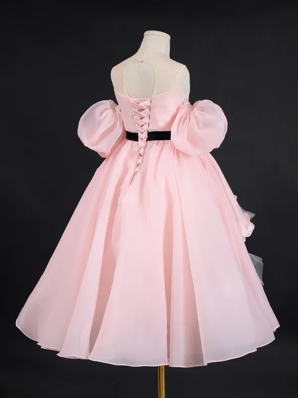 Lovely Blushing Pink Appliques Birthday Organza Flower Girl Dresses 2024 A-Line / Princess Strapless Puffy Short Sleeve Backless Floor-Length / Long