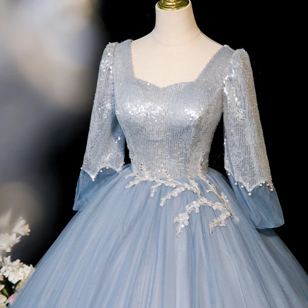 Élégant Bleu Ciel Paillettes Robe De Bal 2023 Robe Boule Encolure Carrée 1/2 Manches Dos Nu Longue Promo Robe De Ceremonie