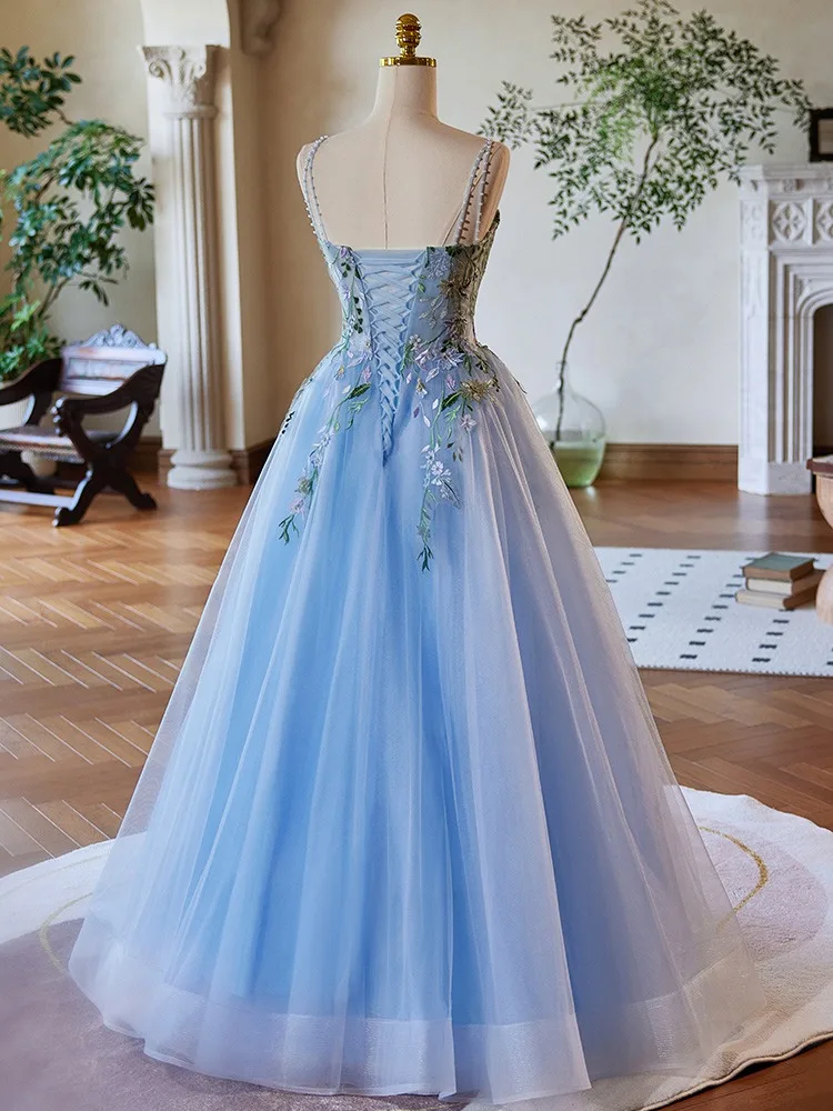 blue dress for baby girl Light Blue Long Prom Dress with Sheer Bodice Dusty Blue / 16