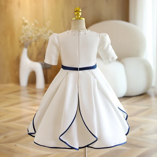 Chic / Beautiful Ivory Birthday Short Flower Girl Dresses 2022 A-Line / Princess Scoop Neck Short Sleeve Pearl Bow Sash Flower Girl Dresses