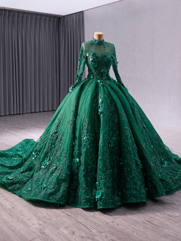 High-end Red Handmade  Beading Pearl Sequins Appliques Prom Dresses 2024 Ball Gown High Neck Long Sleeve Backless Chapel Train Prom Formal Dresses