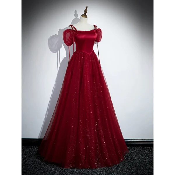 Chic / Belle Bordeaux Paillettes Robe De Bal 2023 Princesse Faux Diamant Bretelles Spaghetti Gonflée Manches Courtes Dos Nu Longue Promo Robe De Ceremonie